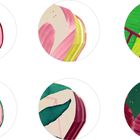 Sechs runde Illustrationen mit abstrakten Mustern in Grün, Rot und Gelb auf weißem Hintergrund.