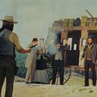 "Wells, Fargo & Co." auf einer Kutsche. Ein maskierter Mann hält eine Waffe, während andere Personen die Hände heben.