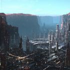 Futuristische Stadt mit hohen, spitzen Gebäuden, eingebettet in eine tief eingeschnittene Schlucht aus roten Felsen.