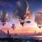 Eine Illustration zeigt mehrere schwebende, ballonartige Schiffe vor einer fantastischen Landschaft bei Sonnenuntergang.