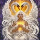 "Swan & Wisteria, SOUL TRUTH • DISCERNMENT • DEVOTION." Illustration: Frau mit langen Haaren, Schwäne und lila Blumen.