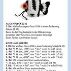 Text "SKALAR" groß. Häkelanleitung für einen Fisch. Beschreibt Augenfleck und Körper in mehreren Runden. Schwarz-weiß-oranger Fisch.