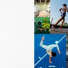 Logo "SESSION | PILATES", Frau joggt, gesunde Lebensmittel, Handstand auf blauem Boden, Klettern, Kettlebell-Übung.