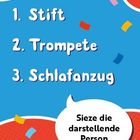 1. Stift 2. Trompete 3. Schlafanzug. Sprechen Sie die darstellende Person mit 'Sie' an. Farbenfrohes Design mit Konfetti.