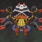 Eine Illustration eines hybriden Wesens: Spinnenkörper mit Totenkopf auf dem Rücken, bunte Beine und bedrohliches Gesicht.