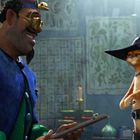 Eine Illustration mit einer lächelnden Person und einer Katze mit Hut und Feder, umgeben von alten Regalen und Artefakten.