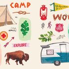"Camp", "Woods", "Explore", "Yellowstone", "I ♥ National Forests". Illustration: Camping, Wald, Zelt, Wohnwagen.