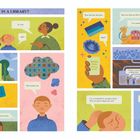 Zitate über Bibliotheken in Sprechblasen. Bunte Illustrationen: Menschen, Bücher, Gebäude, ein Kamel.