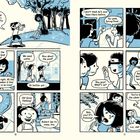 Eine farbenfrohe Comic-Seite mit schwarzem, blauem und weißem Design. Kinder sprechen über Hitze, Wasser und eine Abkühlungsmöglichkeit.