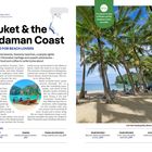 **Phuket & the Andaman Coast**

Thailand for Beach Lovers – Dschungelinseln und Traumstrände. Links Strandansicht mit Palmen und Liegen.