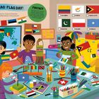 Ein Klassenzimmer mit Kindern, die Flaggen basteln. Auf einem Tisch sind Scheren und Stifte verstreut. Ein Globus ist zu sehen. Flaggen von Zypern, Somalia und Trinidad und Tobago sind markiert.