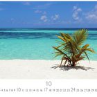 "Malediven" und "10" unten, Kalenderdarstellung. Eine kleine Palme auf weißem Sandstrand vor türkisfarbenem Meer.