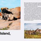Seite 148-149. "Kangaroo Island, Australia," Juni-August, nachhaltige Nebensaison. Text über Naturerlebnisse. Bild links: Felsen am Meer. Rechts oben: Weinberg. Unten: Kängurus auf einer Wiese.