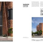 KARINOX COFFEE, Ninh Thuan, Vietnam. Backsteinfassade mit modernen, geschwungenen Formen. Schritte führen zu einem Eingang.