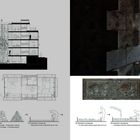 Links technische Zeichnungen mit Texten, rechts ein dunkler Steinkorridor. Unten schematische Illustrationen.