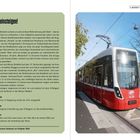 Links der Text "Lasset uns einsteigen!" über das Erlebnis der Wiener Straßenbahn. Rechts ein Bild einer fahrenden Straßenbahn.