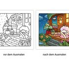 Links: "vor dem Ausmalen"; Rechts: "nach dem Ausmalen". Illustration von Terrasse im Regen, Person eingewickelt mit Katze.