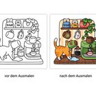 Links: "SUGAR" und "TEA" auf Dosen, Katze verschüttet Flüssigkeit. Rechts: Gewürzregal, Katze, bunte Küche.