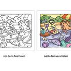 Links: "vor dem Ausmalen" schwarze Umrisse. Rechts: "nach dem Ausmalen" farbig. Beide Szenen zeigen Figuren am Pool.
