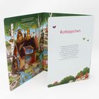 **Rotkäppchen**

Rotkäppchen läuft durch den Wald,  
zur Großmutter will sie schon bald.  
Der böse Wolf, er heck was aus  
und sagt: „Pflück einen Blumenstrauß!“  
Er schnappt die Großmutter und dann  
ist Rotkäppchen als Nächstes dran.  
Vom Jäger werden sie befreit.  
Der böse Wolf kommt nicht mehr weit.  

Links farbenfrohe Illustration mit Tieren und einem Haus.
