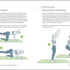 F Core Twist, E Strecken und beugen. Zwei Illustrationen von Frauen bei Fitnessübungen, eine auf Händen und Füßen, die andere stehend.