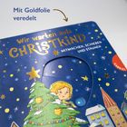 "Mit Goldfolie veredelt. Wir warten aufs Christkind. Mitmachen, schieben und staunen." Illustration mit Kind und Weihnachtsbaum.