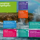 Texte: Camping-Highlights. In den Früchten des Meers schwelgen. Bar-Hopping zu den besten Pintxos. Einfach mal treiben lassen. Auf den Klippen am Ende der Welt. Wie im Wilden Westen. Surfer-Gruß an die Atlantikwellen. Thermische Quellen genießen.  Hintergrund: Wellen, Felsen, Regenbogen.