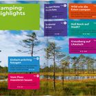 "Camping-Highlights" steht oben auf grünem Feld. Darunter Bäume und ein ruhiger See in einer natürlichen Landschaft.