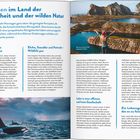 **Texte:**  
"Willkommen im Land der Gelassenheit und der wilden Natur", "Die Zähmung eines weitläufigen Landes", "Elche, Seeadler und Pottwale – Wildlife pur", "Leben in einer offenen und freien Gesellschaft", "Ein Lebensgefühl, das es zu feiern gilt".

**Beschreibung:**  
Zwei Naturfotos: eine Person mit ausgebreiteten Armen vor Bergen und Gewässern, ein Orca im Meer.