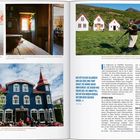 Links: „Perle des Nordens wird Akureyri auch genannt.“ Unten: „... oder im „Bláa Kannan“ (dem ‚Blauen Café‘).“ Rechts oben: Ein Mann mäht Gras vor traditionellen Häusern. Unten: Ein historisches, blaues Gebäude mit roten Türmen.