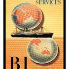 Oben steht „Nach Indien China Japan“. Darunter ein Schiff, ein Ast mit Blüten und ein großer gelber Mond. Darunter "Norddeutscher Lloyd Bremen" in großen Buchstaben.