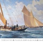 Kalenderseite Oktober mit Segelbooten auf stürmischer See und Menschen auf Deck.