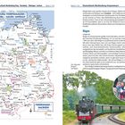 Mecklenburg-Vorpommern/Brandenburg/Sachs-Anhalt. Karte mit Städten und Straßen. Abschnitt über Rügen mit Infos zur Insel. Lokomotive auf Schienen.