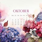 "Oktober" und eine Monatsübersicht. Aquarell-Illustration von Hortensien in Rot- und Blautönen.