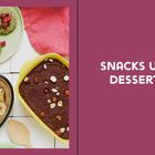 "SNACKS UND DESSERTS" steht auf einem rosa Hintergrund. Links sind bunte Kekse und Desserts in verschiedenen Schalen.
