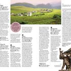 „Schon gewusst? Weiße und Schwarze Thai sind die größte ethnische Gruppe in der Region Mai Chau.“ Teefelder in grüner Landschaft.