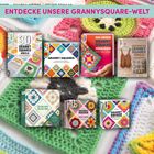 "ENTDECKE UNSERE GRANNYSQUARE-WELT" ist in einem rosa Balken. Verschiedene Häkelbücher und -sets sind zu sehen.