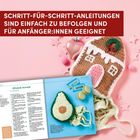 Schritt-für-Schritt-Anleitungen sind einfach zu befolgen und für Anfänger:innen geeignet. Häkelmotive auf rosafarbenem Hintergrund.