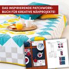Text: "Das inspirierende Patchwork-Buch für kreative Nähprojekte!" 
Eine bunte Patchworkdecke mit Frühstückstablett.