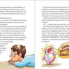 Seite 16 und 17 eines Buches mit Text. Links: Junge auf Brot liegend. Rechts: Fröhliches Schwein mit Glanzeffekt.