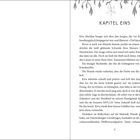 KAPITEL EINS. Text beschreibt Kiva Meridan, die einen Jungen mit einer Narbe behandelt. Dekoration oben mit Blättern. Seitenzahl 17.