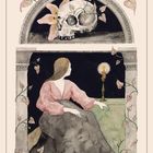 "37. Tod. Wie kann ein Ende zu einem Neuanfang werden?" Eine Frau, eine Kerze und ein Totenkopf, umgeben von Blüten.