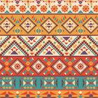 Abstrakte, bunte geometrische Muster und Formen in Reihen, inspiriert von traditionellen Designs.