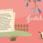 Fiktiver Text auf Notizblatt, Schriftzug "Jantelagen". Illustration mit Blüten, Zaun, Kuh, rosa Hintergrund.