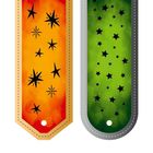 Zwei Lesezeichen: Links orange mit schwarzen Sternen, rechts grün mit kleinen schwarzen Sternen.