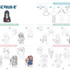 „SCHULE“ oberhalb; Kategorien: „Kleines Mädchen mit Rucksack“, „Schulmädchen in Uniform“, „Schulmädchen mit Zöpfen“. Zeichenschritte.
