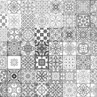 Illustration aus Mustern und Ornamenten in einem Gitter. Jedes Quadrat zeigt ein einzigartiges, detailreiches Design.