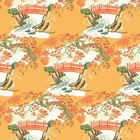 Illustration einer Landschaft; rote Brücken, Bäume mit orangefarbenem Laub, Bach, gelber Hintergrund.