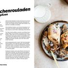 **Hähnchenrouladen mit Steinpilzen:** Rezept mit Zutatenliste. Rechts ein Teller mit gefüllten Rouladen und Pilzen.