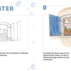 Anleitung zum Zeichnen eines Fensters mit blauen Fensterläden und Blumenkasten. Links skizziert, rechts koloriert.